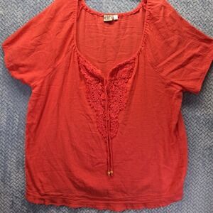 Vintage DCC Coral Orange Cotton Gauze Crochet Lace Tie Front Boho Blouse 2X